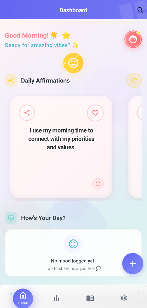 Positive Buddy main dashboard displaying daily affirmations, mood trends, and personalized wellness content - mindfulness app interface