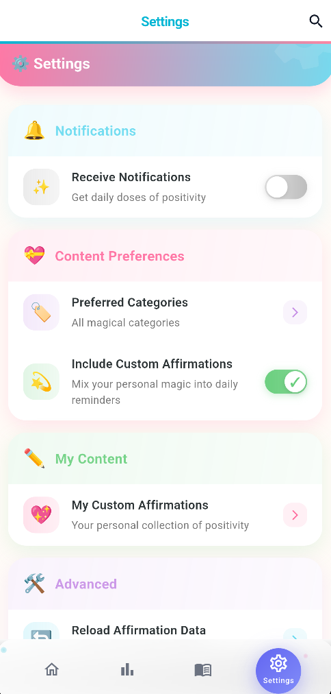 Positive Buddy settings and personalization options for notifications, categories, and privacy controls - customizable wellness app